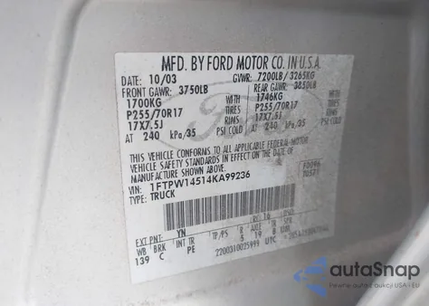 2004 Ford F-150 Fx4/Lariat/Xlt from USA, damaged, VIN 1FTPW14514KA99236